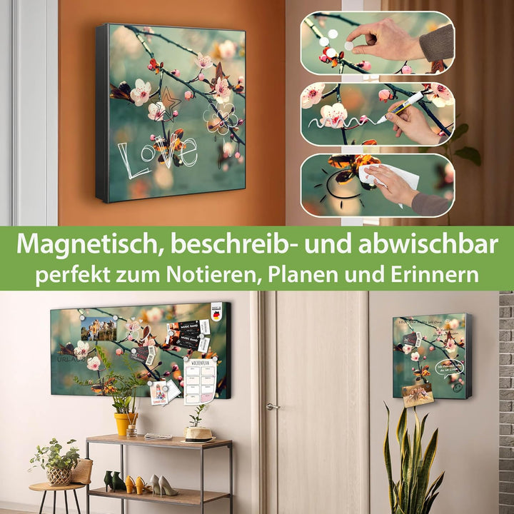banjado® Grosser Schlüsselkasten Glas/Schlüsselbox 30cm x 30cm mit 50 Haken - Motiv Japankirsche/Sch