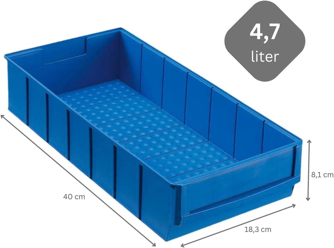 SparSet 10x Blaue Industriebox 400 B | HxBxT 8,1x18,3x40cm | 4,7 Liter | Sichtlagerkasten, Sortiment