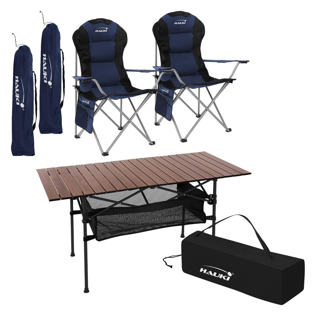 Hauki Campingmöbel Set 3tlg. Campingtisch faltbar Braun mit 2 Campingstühlen Blau, Camping-Set für 2