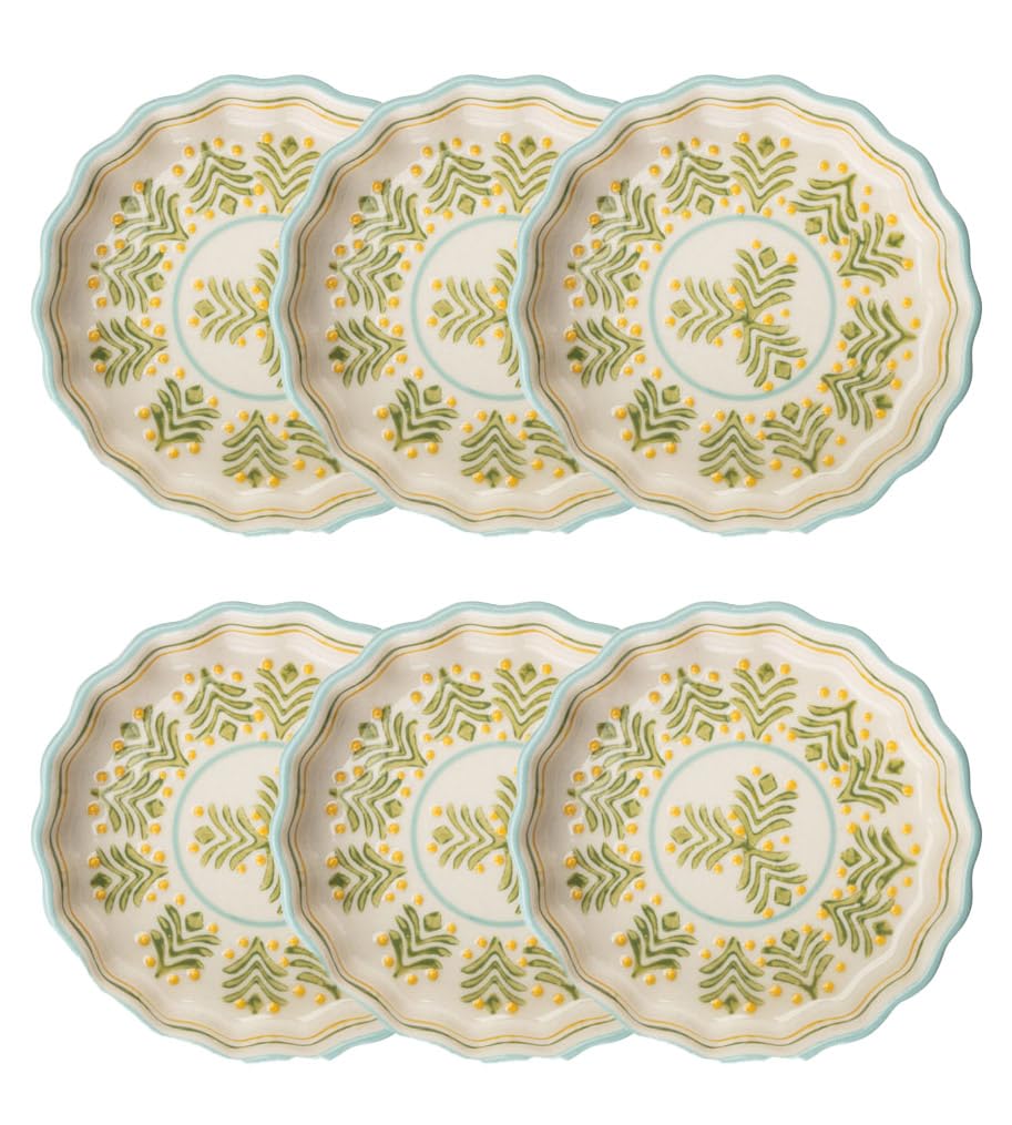 Tranquillo 6er Set Tarteletteform aus Steinzeug mit handgestempeltem Print grün/gelb RETRO, Ø11 x 3