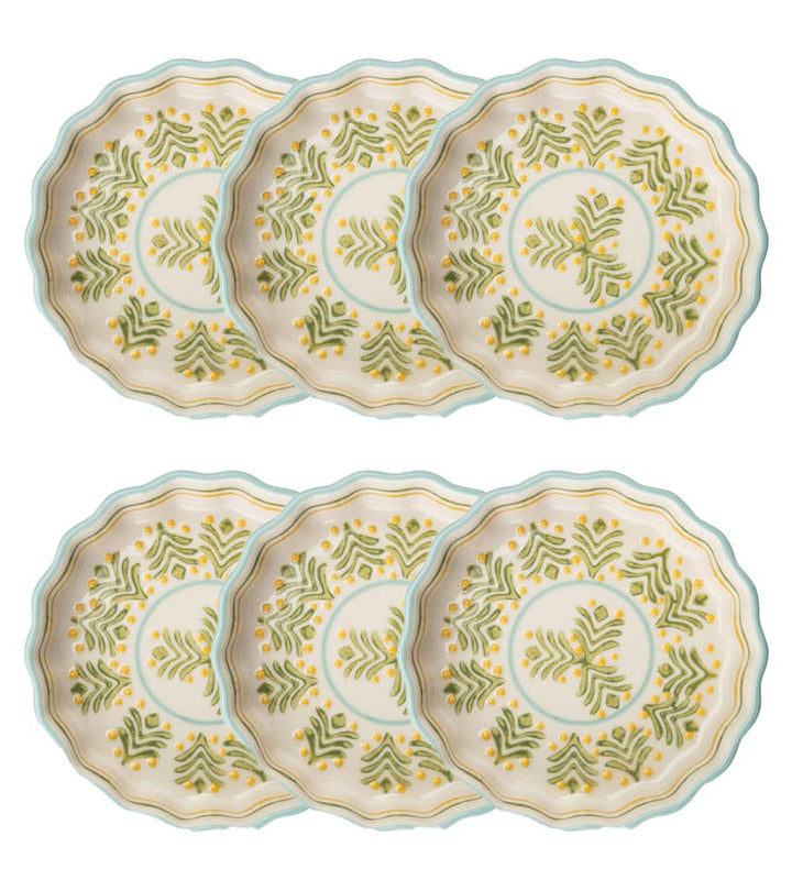 Tranquillo 6er Set Tarteletteform aus Steinzeug mit handgestempeltem Print grün/gelb RETRO, Ø11 x 3