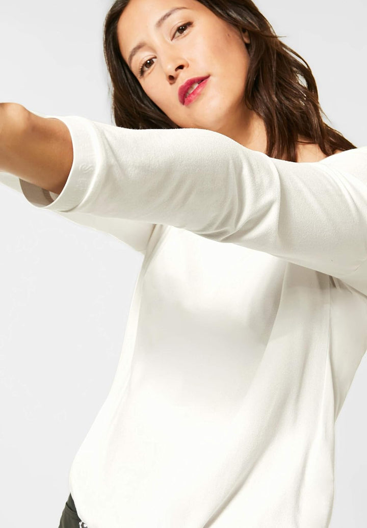 Street One Damen Shirt mit Materialmix Off White 36 Runder Ausschnitt, Gummibund, Pailletten, T-Shir