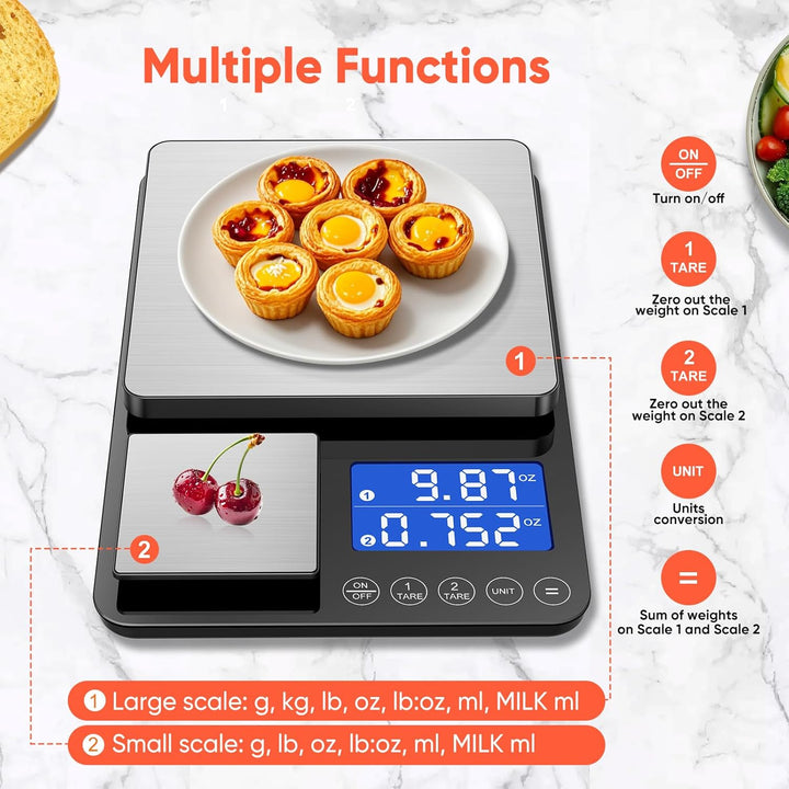 Küchenwaage Digital 15 kg / 0,01 g, Hochpräzise Zweibereichs Waage Küche mit Addierfunktion, Tara-Fu
