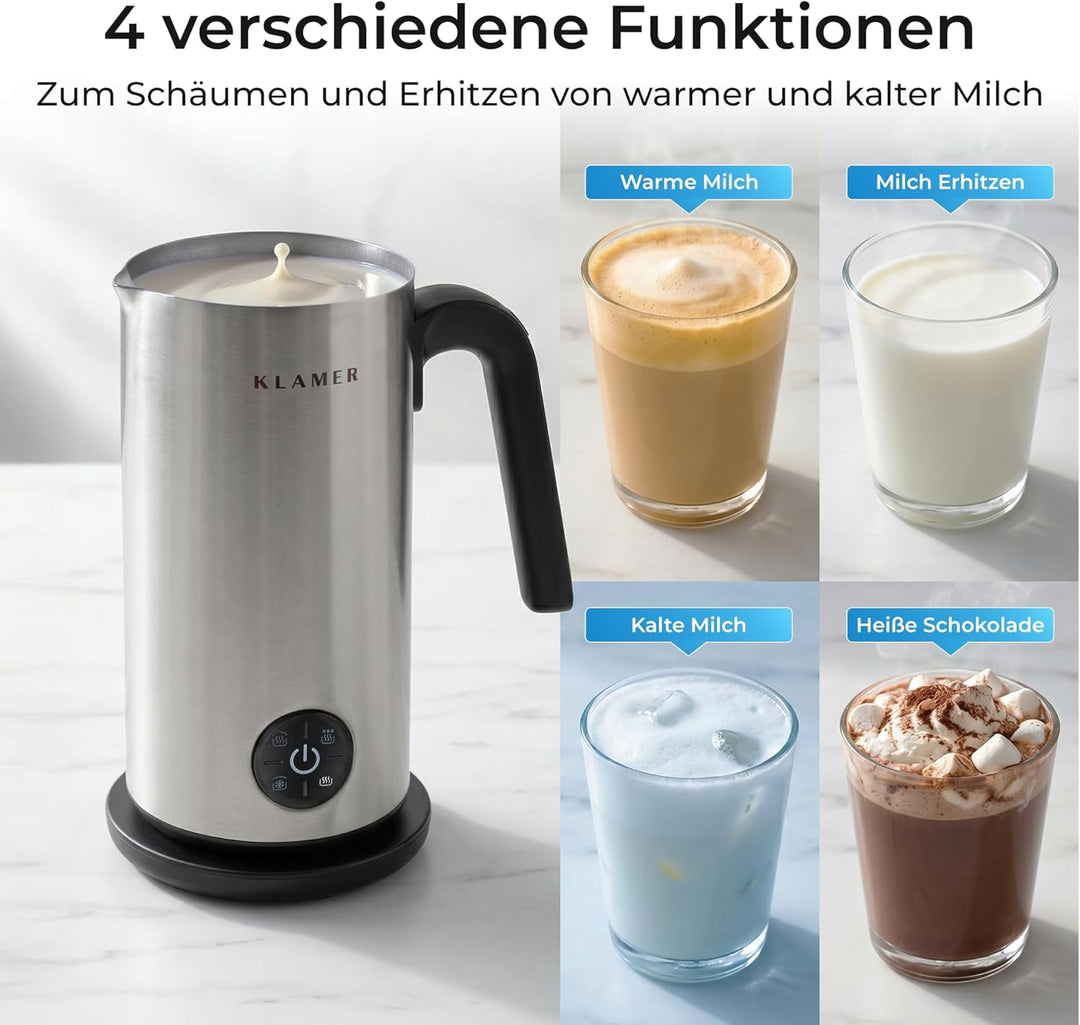 KLAMER Milchaufschäumer Elektrisch, Milchschäumer 500W, 4 Funktionen: Warm & Kalt Aufschäumen, Heiss