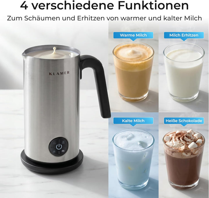KLAMER Milchaufschäumer Elektrisch, Milchschäumer 500W, 4 Funktionen: Warm & Kalt Aufschäumen, Heiss