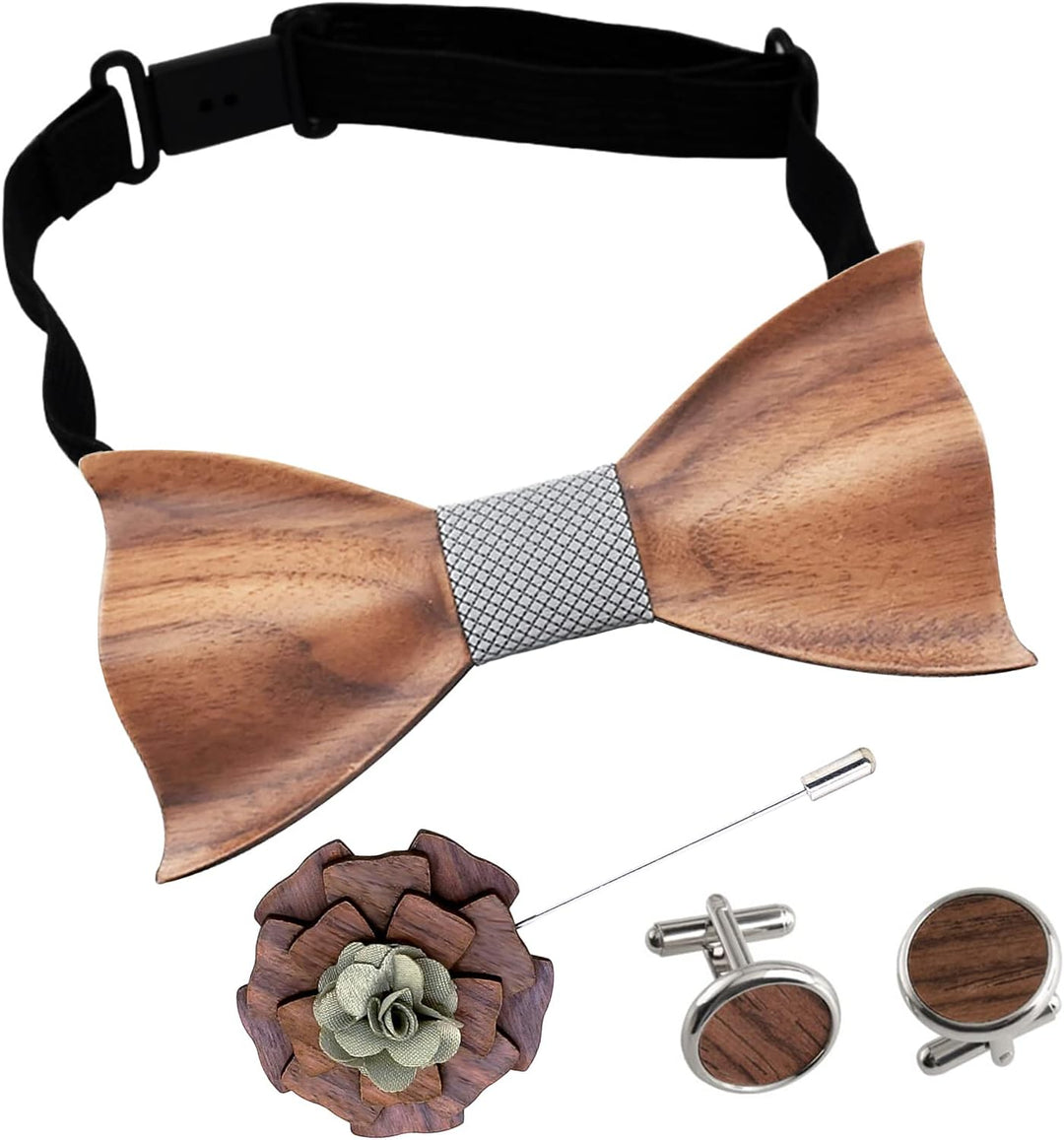 Mr.Van Holzfliege Klassische Set Fliege Herren,Holzfliege, Holz Manschettenknöpfe, Holzbrosche, Eins