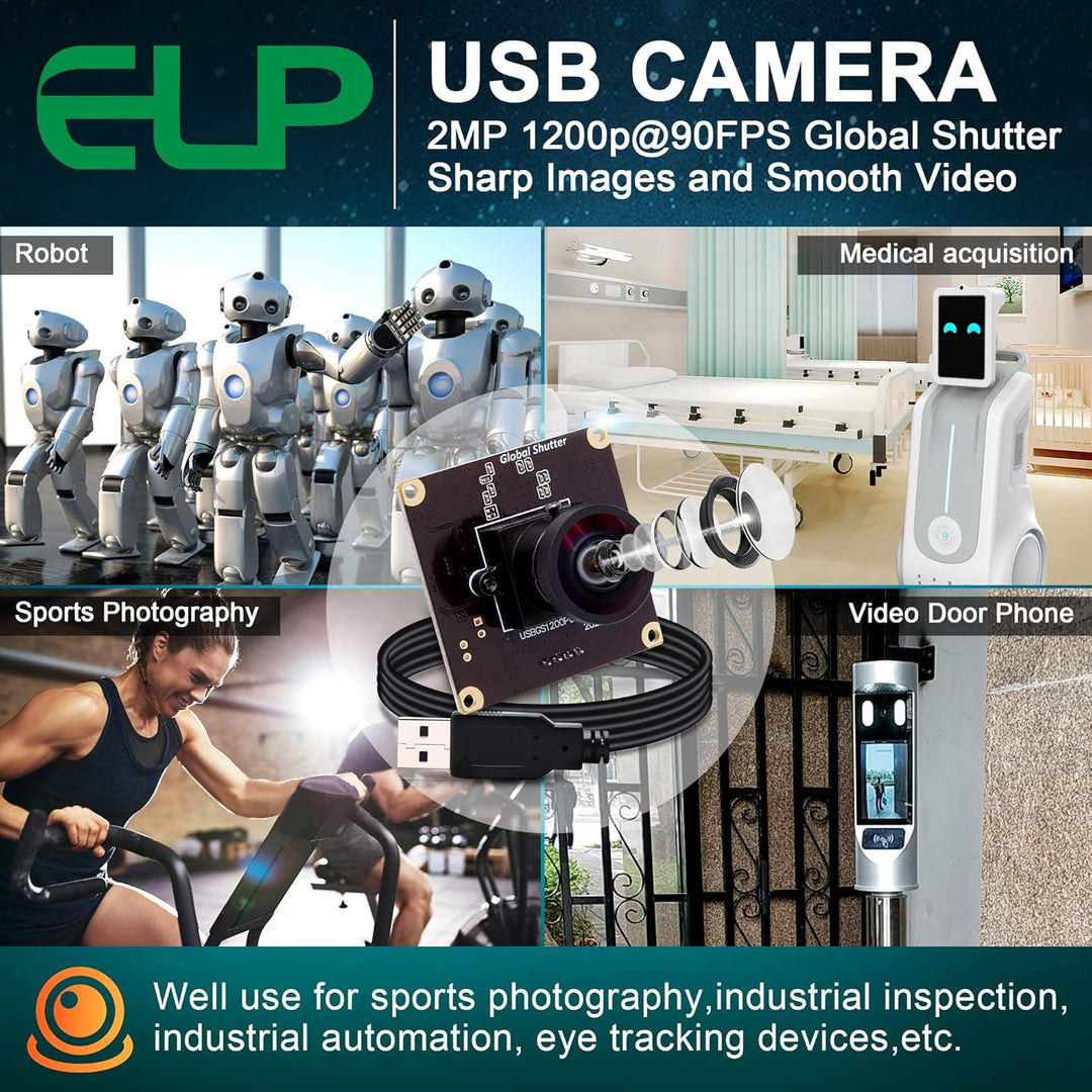ELP USB Kameramodul High Speed 90fps Global Shutter USB Kamera, 2MP 1200P USB Webcam mit Weitwinkelo