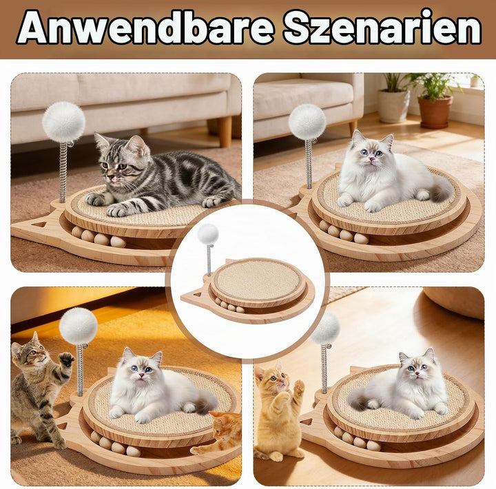 3-IN-1 Kratzbrett Katze Holz, Katzenkratzbrett mit Natürlicher Sisalmatt kratzmöbel Katze mit kugelb