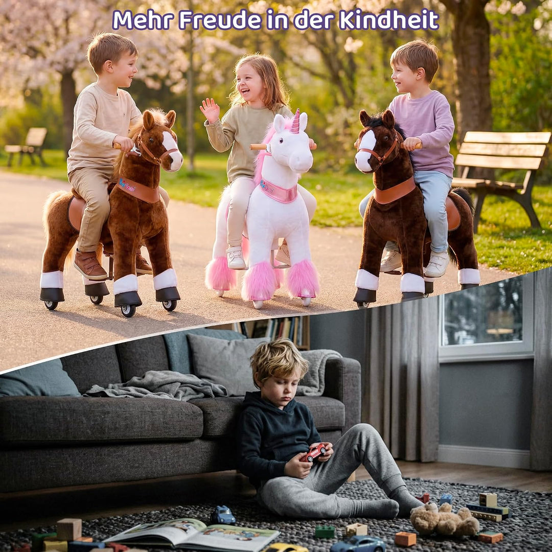 PonyCycle® Schaukelpferd auf Rollen | für Kinder 4–7 Jahre, 89cm | Braunes Plüsch Reitpferd mit Hand