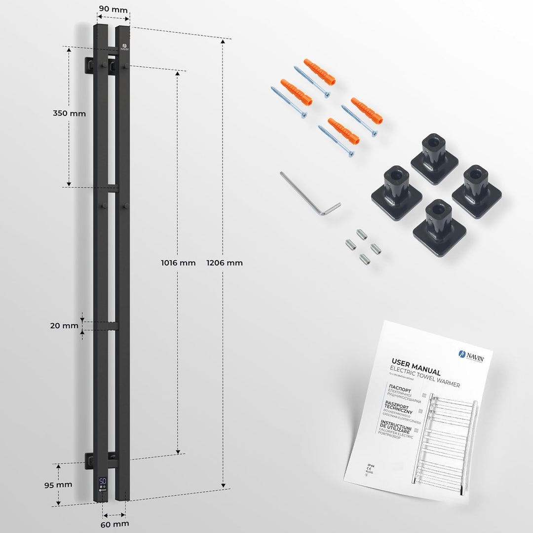 NAVIN Elektrischer Handtuchtrockner Silouette Quadro 90x1200 mit Sensorsteuerung - Schwarz aus hochw