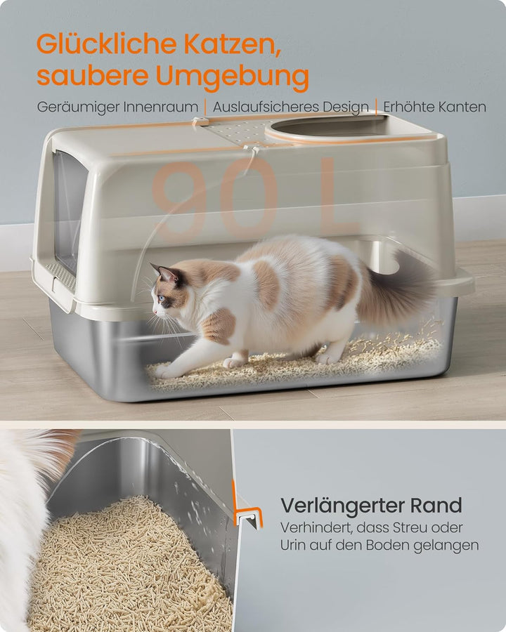 Feandrea Katzenklo Edelstahl, XL, Katzentoilette mit Deckel, mit Schaufel, Bürste und 2 Eingängen, f