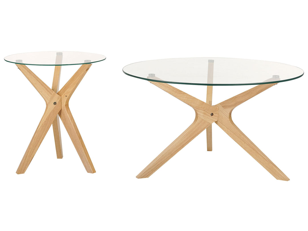 Couchtisch 2er Set Glas trasparent mit Holzbeinen hellbraun rund modern Valley