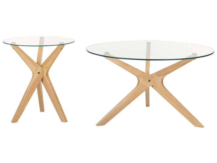 Couchtisch 2er Set Glas trasparent mit Holzbeinen hellbraun rund modern Valley