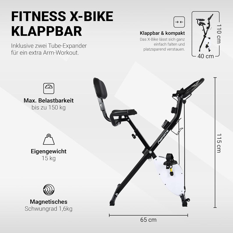 Fitness X-Bike Premium + Widerstandsbänder | Fahrradtrainer, Heimtrainer klappbar mit Rückenlehne, L