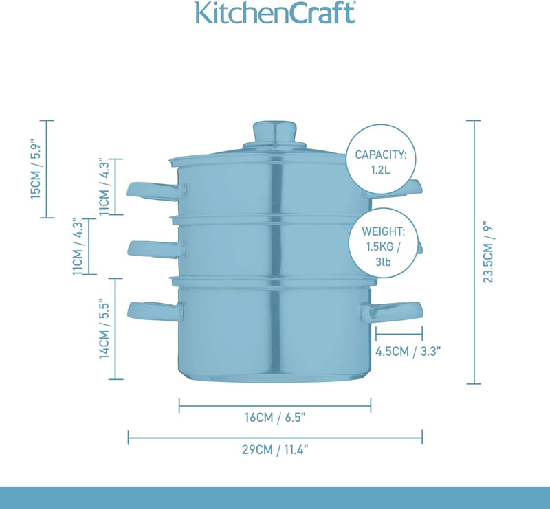 KitchenCraft Multifunktioneller Kochtopf Set, Dampfgarer/Suppentopf mit 3 Töpfen und Deckel, Indukti