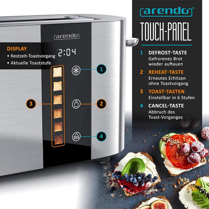 Arendo - Edelstahl Toaster 2 Scheiben Langschlitz - Touchscreen – Doppelwandgehäuse – Integrierter B