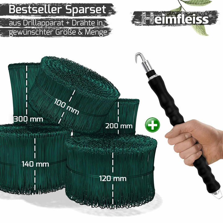 Heimfleiss® Drillapparat Driller + Rödeldraht 1,4 x 100 bis 300 mm (1000 Stk) - Set aus Drahtbinder