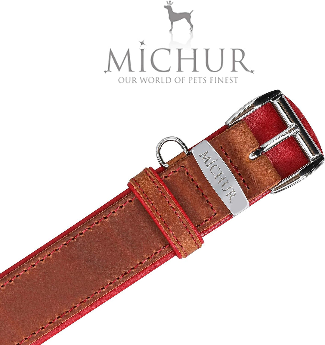 MICHUR Charly Hundehalsband Leder Braun Rot, Lederhalsband Hund, Halsband, Leder, in verschiedenen G