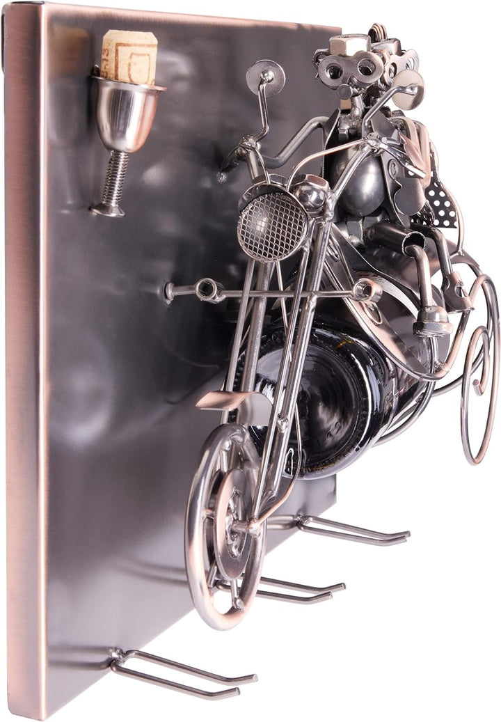 BRUBAKER Weinflaschenhalter Paar auf einem Motorrad - Wall Art Bild Metall - mit 3 Glashaltern - ink