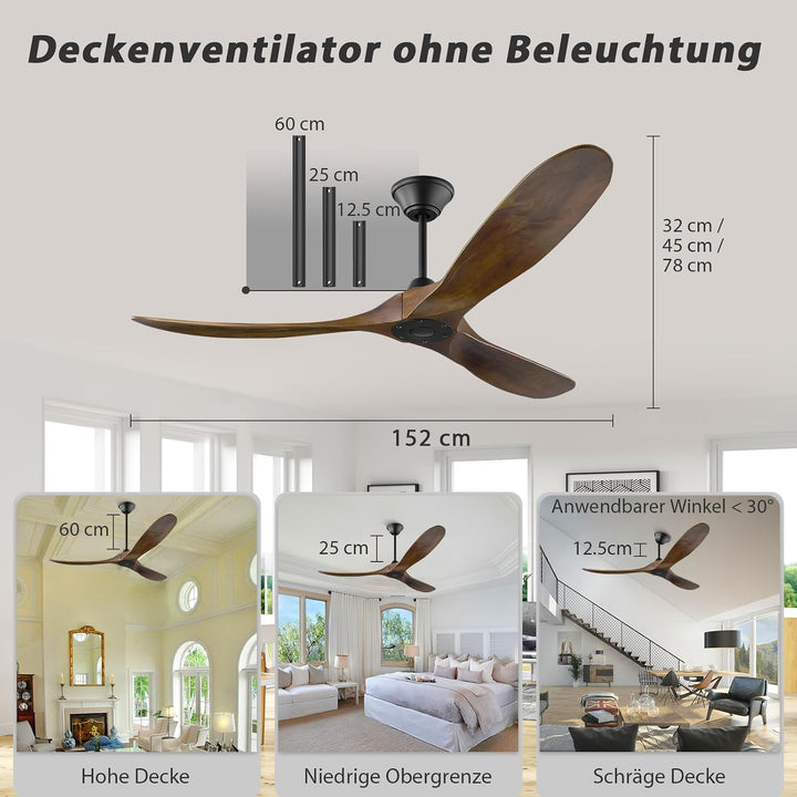 52 Zoll Retro Holz Deckenventilatoren, 6-Gang leiser Deckenventilator mit Inverter Fernbedienung, In