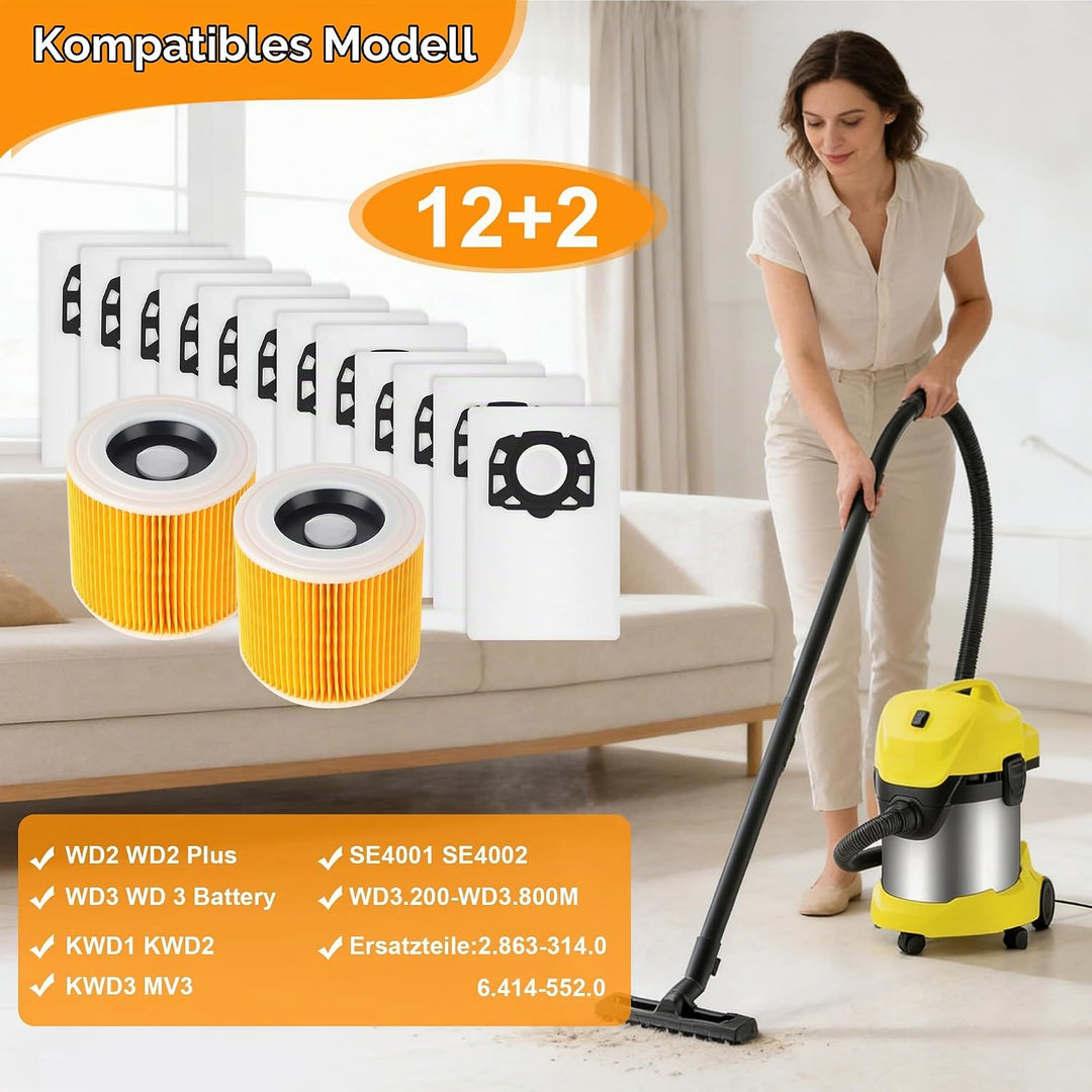 12 Staubsaugerbeutel und 2 Filter, Mit 1 bürste für Kärcher WD3 WD3 P WD2 WD 2 Plus MV2-3 KWD 1-3 SE