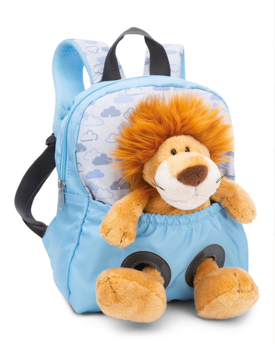NICI Kinderrucksack blau 2 in 1 mit Kuscheltier Löwe 25cm - Kindergartenrucksack Mädchen & Jungen -