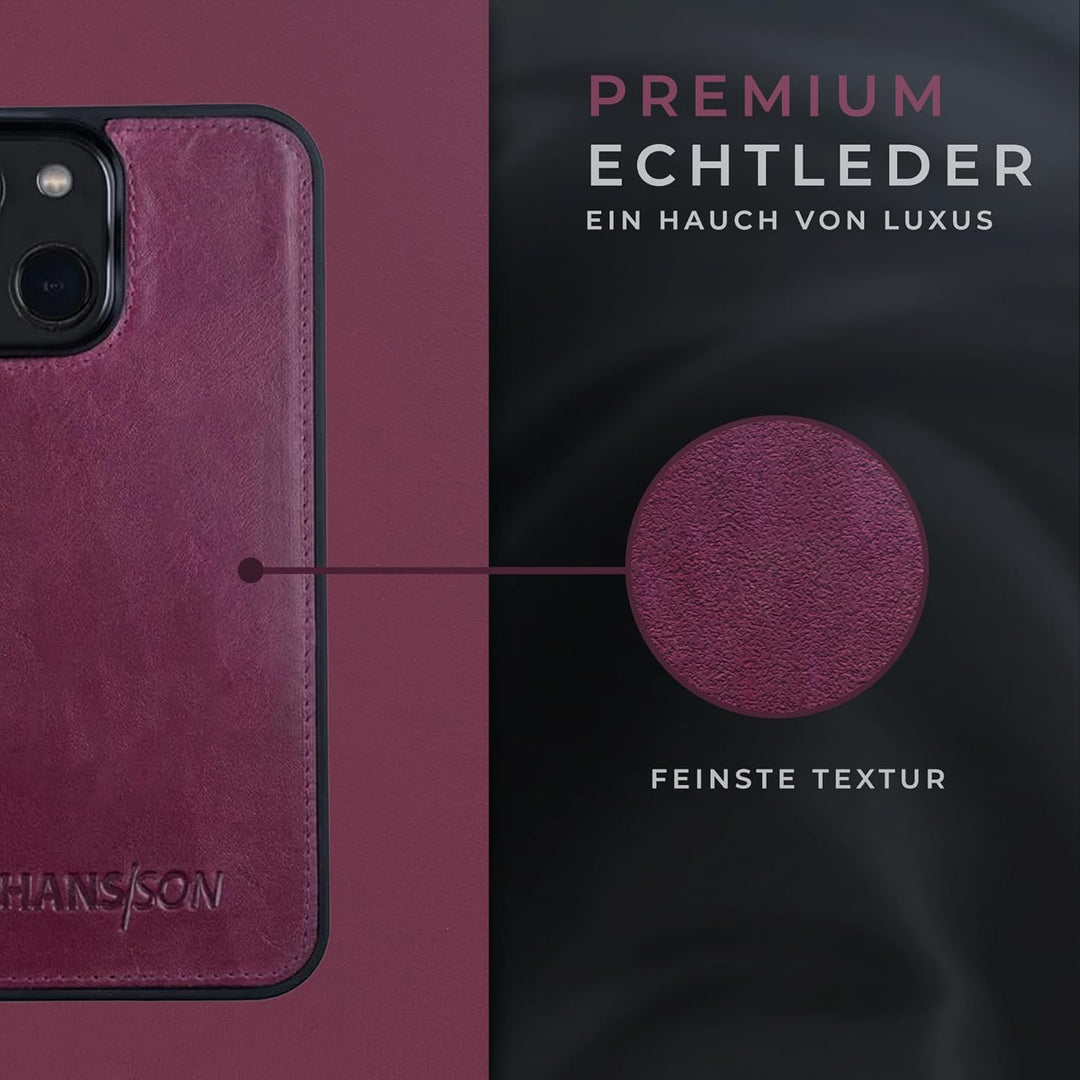 HANS/SON Hülle aus Echtleder kompatibel mit iPhone 13, Magenta, Lederhülle mit Kartenfächern, abnehm