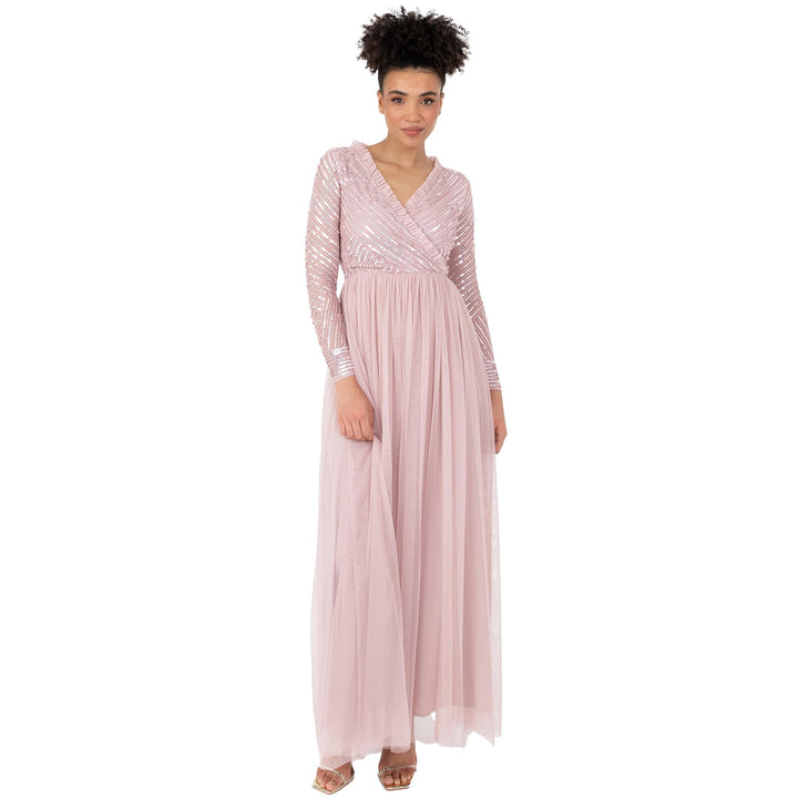 Maya Deluxe Women's Maxi Dress Ladies Embellished Wrap Tulle Frilly V-Neck Long Sleeve for Wedding G