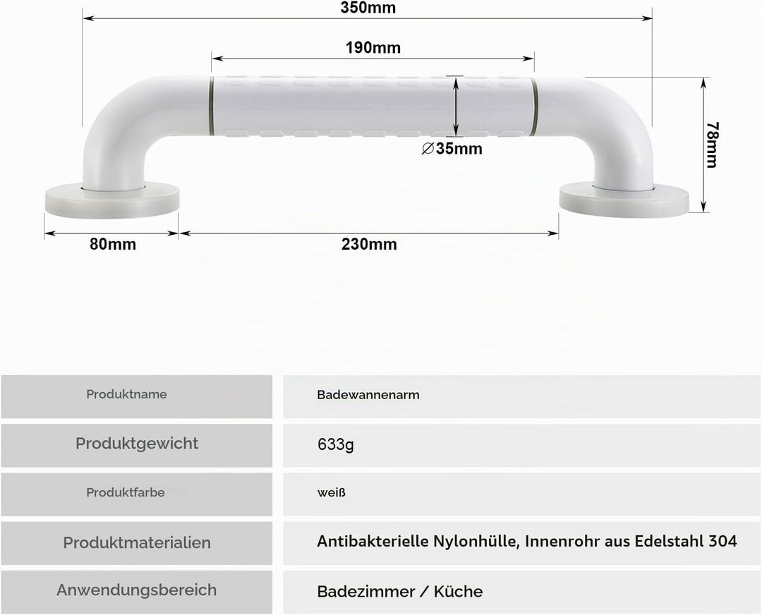BONADE Haltegriff Rutschfest für Bad &amp; Dusche Wandhaltegriff Weiss aus Edelstahl &amp; Nylon-Sicherheits