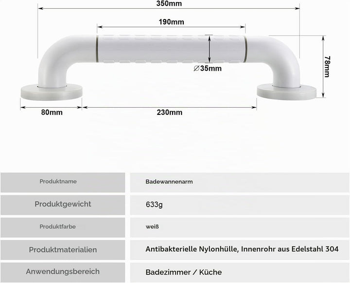 BONADE Haltegriff Rutschfest für Bad &amp; Dusche Wandhaltegriff Weiss aus Edelstahl &amp; Nylon-Sicherheits