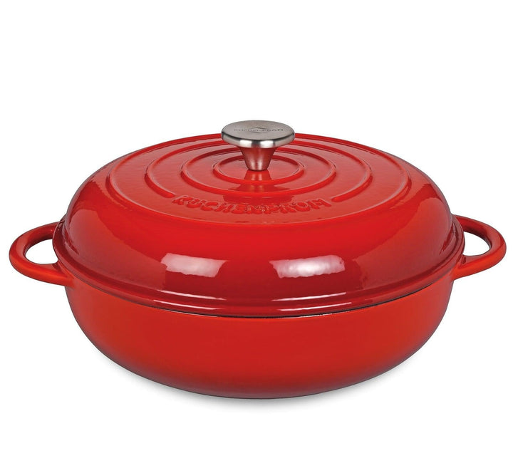 Kuchenprofi Gusseisen Pfanne 28 cm, emailliert, Pfanne mit Seitengriffen und Gusseisendeckel, rot 04