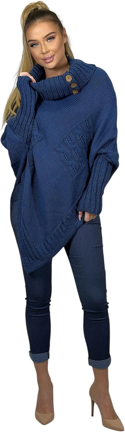 Mississhop Poncho Strick Sweatshirt Pullover Umhang Überwurf Einheitsgrösse Jeansblau, Einheitsgröss