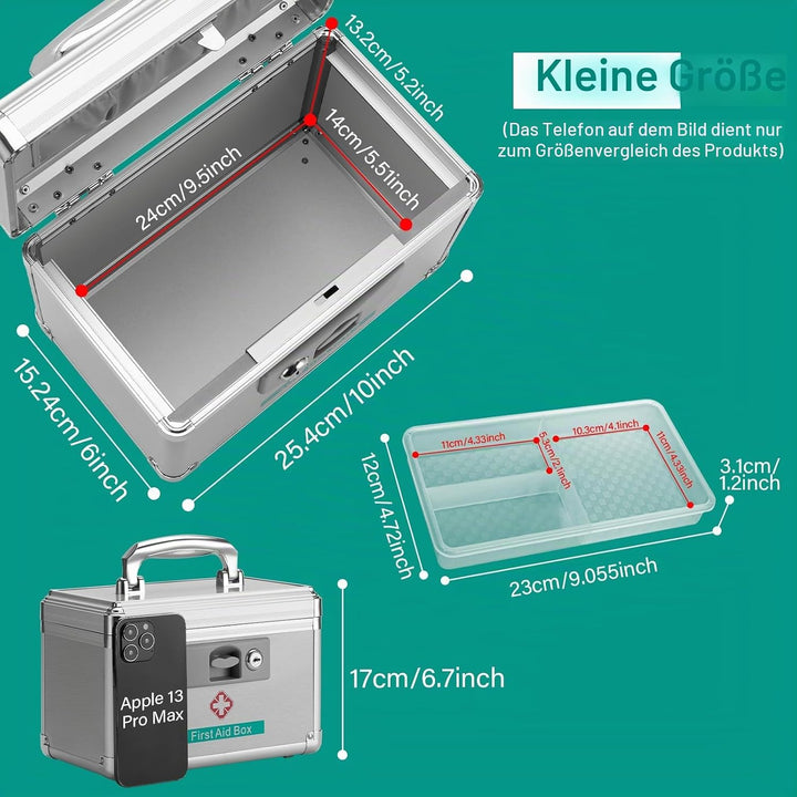Medikamenten Aufbewahrung, 25.4 x 15.2 x 17 cm Medikamentenbox mit Tragbarer Griff, Kindersichere Me