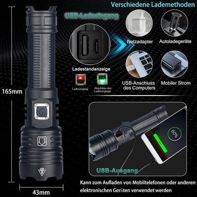 ASORT LED Taschenlampe super helle 30000 Lumen, IPX67 wasserdichte, USB-Aufladung, 5 Lichtmodi, geei