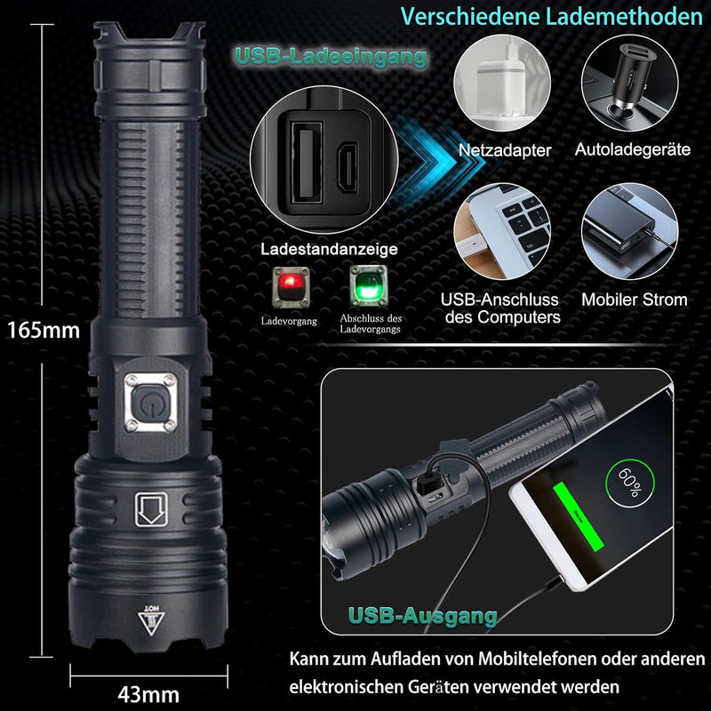 ASORT LED Taschenlampe super helle 30000 Lumen, IPX67 wasserdichte, USB-Aufladung, 5 Lichtmodi, geei