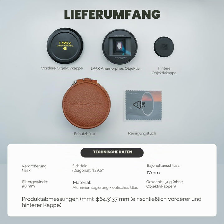 Freewell 1,55 x neutrales anamorphes Linse, kompatibel mit 17 mm Mount iPhone & Samsung – Cinematic