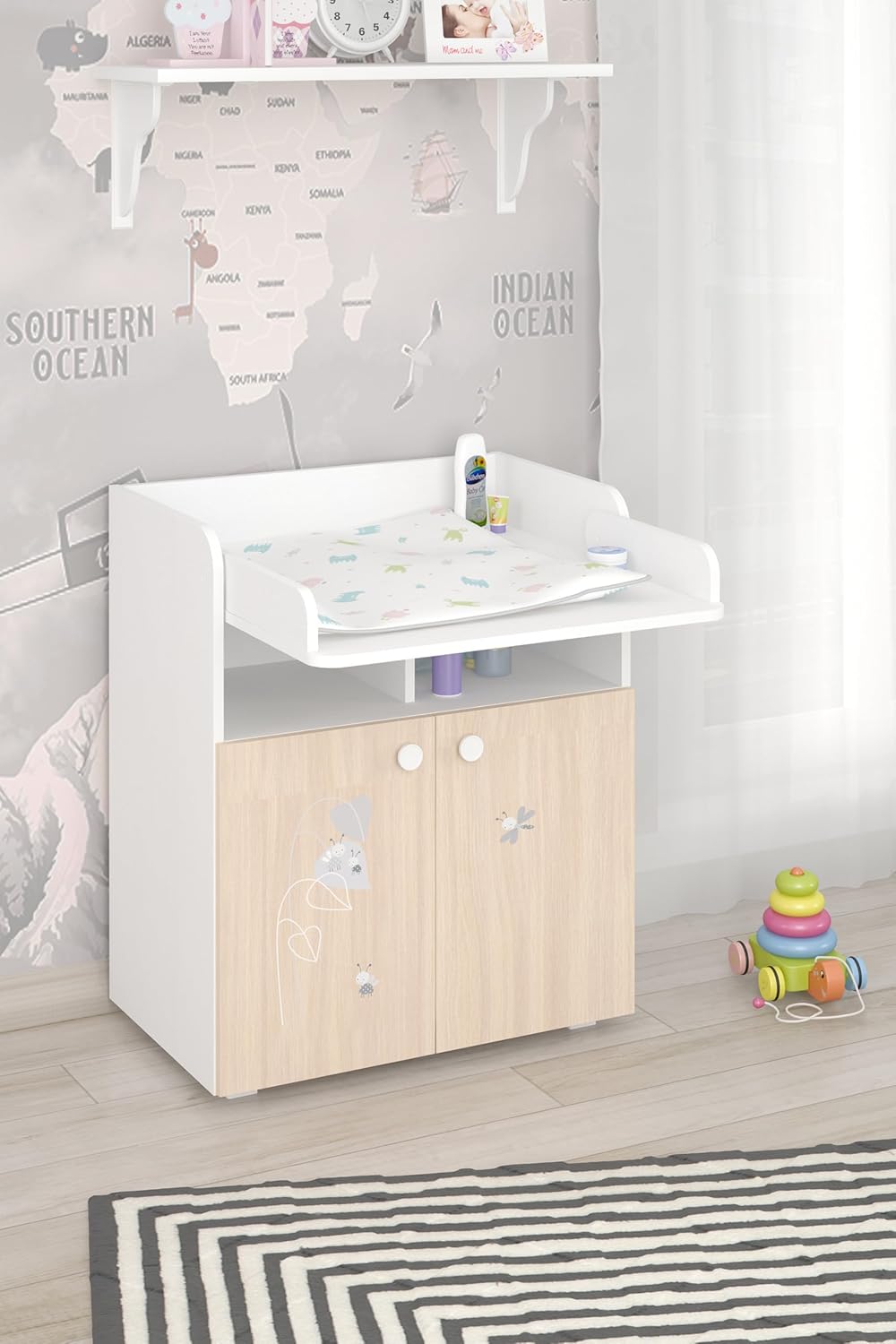 Shefa Kids 700 Baby Wickelkommode mit Schubladen Amis Weiss/Pastell - Kinderzimmermöbel mit Stauraum