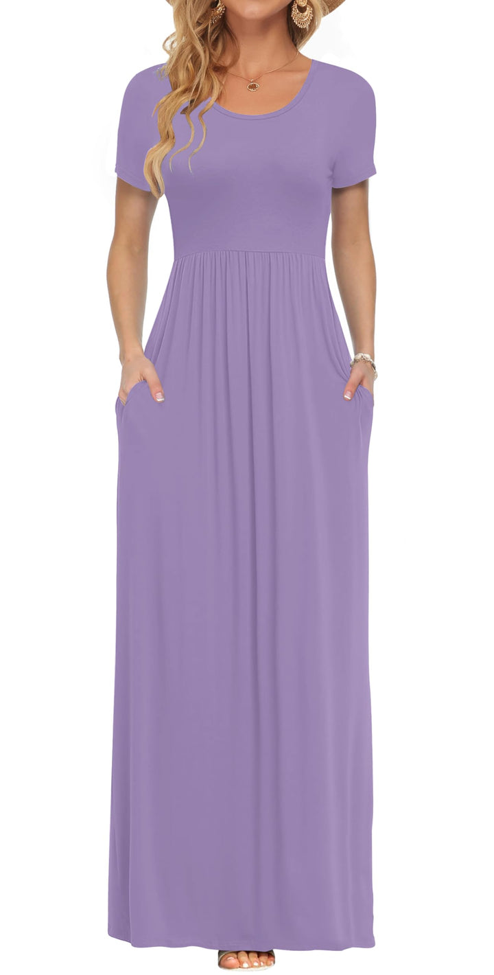 AUSELILY Damen Kurzarm Sommer Casual Long Maxi Kleider mit Taschen | Ganzjähriges Tragen, solider Bl