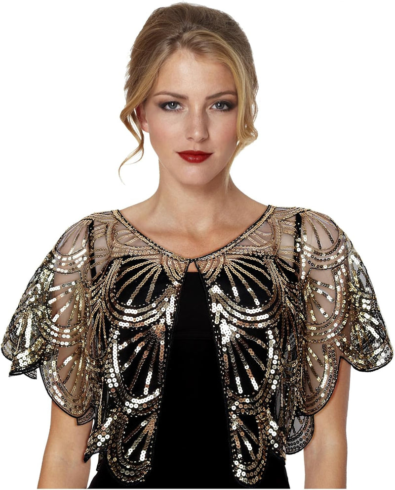 keland Damen Festlich Pailletten Umhang Schal Schultertuch Stola Tuch für Abendkleid Z-schwarz & Gol