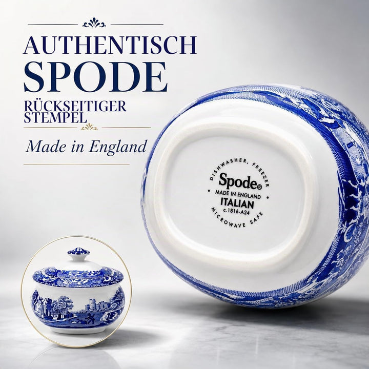 Spode Blaue italienische Zuckerdose mit Deckel.
