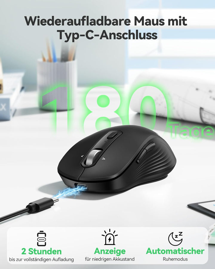 TECKNET Bluetooth Maus Kabellos, Wiederaufladbare Funkmaus mit 4-Wege-Scrollrad, 4800 DPI 6 Stufen,