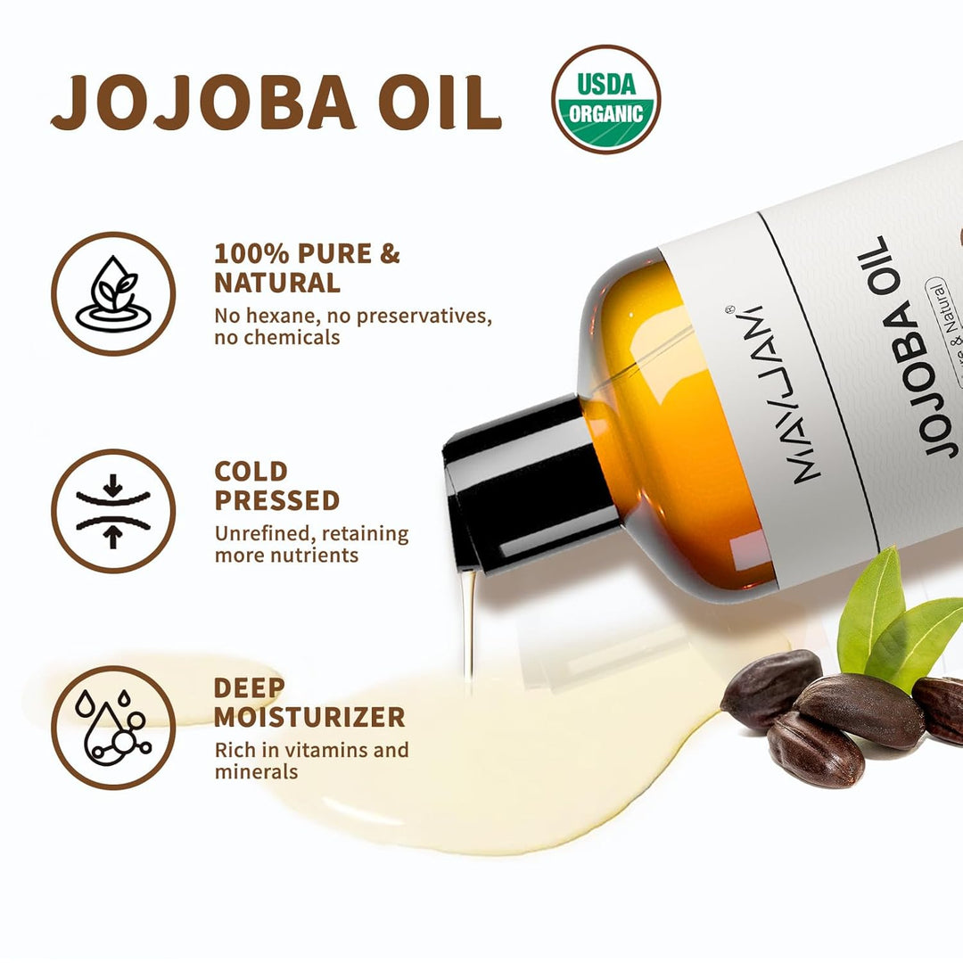 MAYJAM Jojobaöl Bio 473ML, Körperöl für Für Gesicht, Haut, Haare, Haaröl Jojobaöl Kaltgepresst Reine