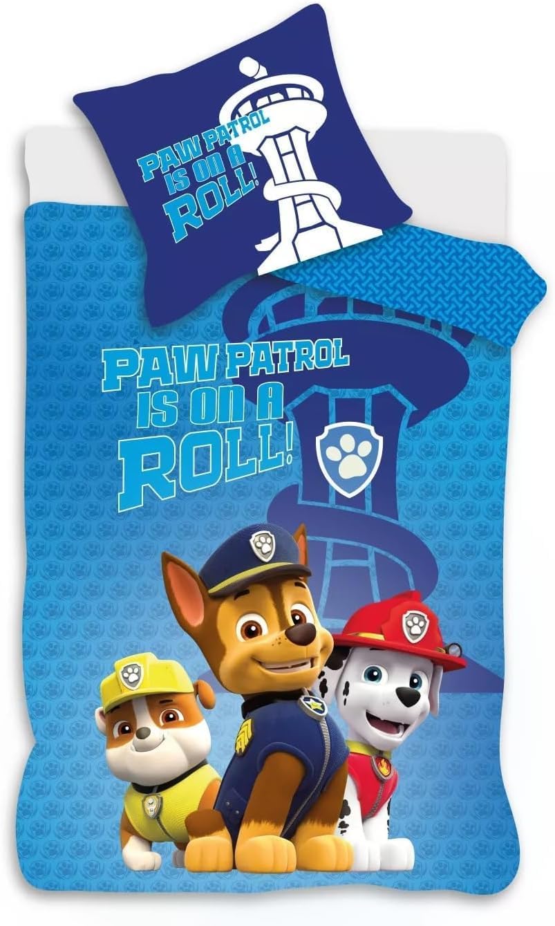 Paw Patrol Blaues Kinderbett-Bettwäsche-Set | Bettbezug 100x140 cm + Kopfkissenbezug 40x45 cm | 100%
