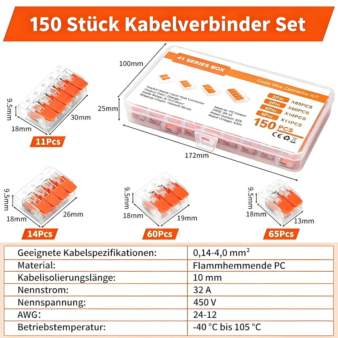 150 Stück Kabelklemmen Elektro, Kabelverbinder 2 Polig, 3 Polig, 4 Polig, 5 Polig, Klemmen Elektro m