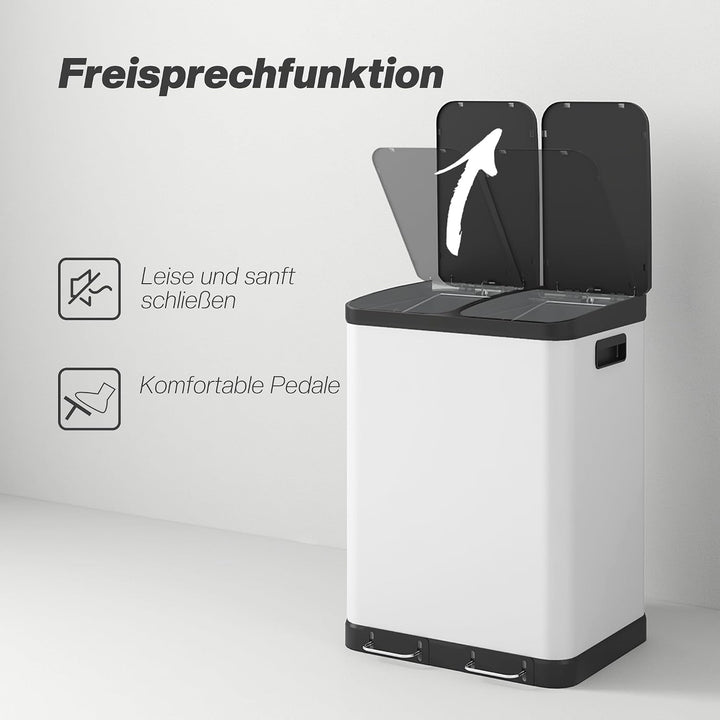 HOMCOM Mülltrennsystem 2 x 30L mit 2 Fächern Softclose-Deckel Metall Weiss, Weiss