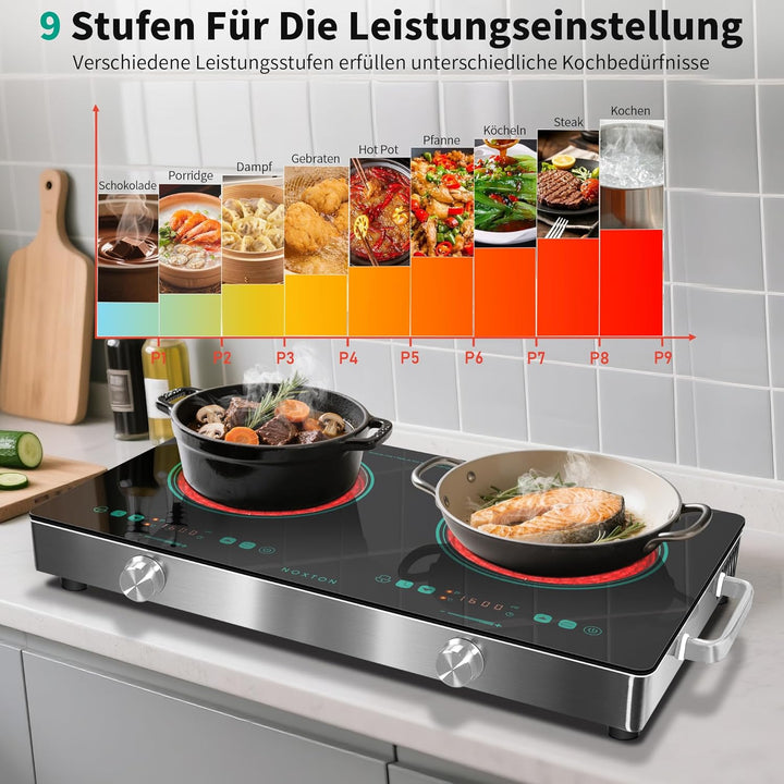 NOXTON Glaskeramikkochfeld 2 Platten Tragbar, Elektrische Herdplatte und Kochplatte Freistehend mit