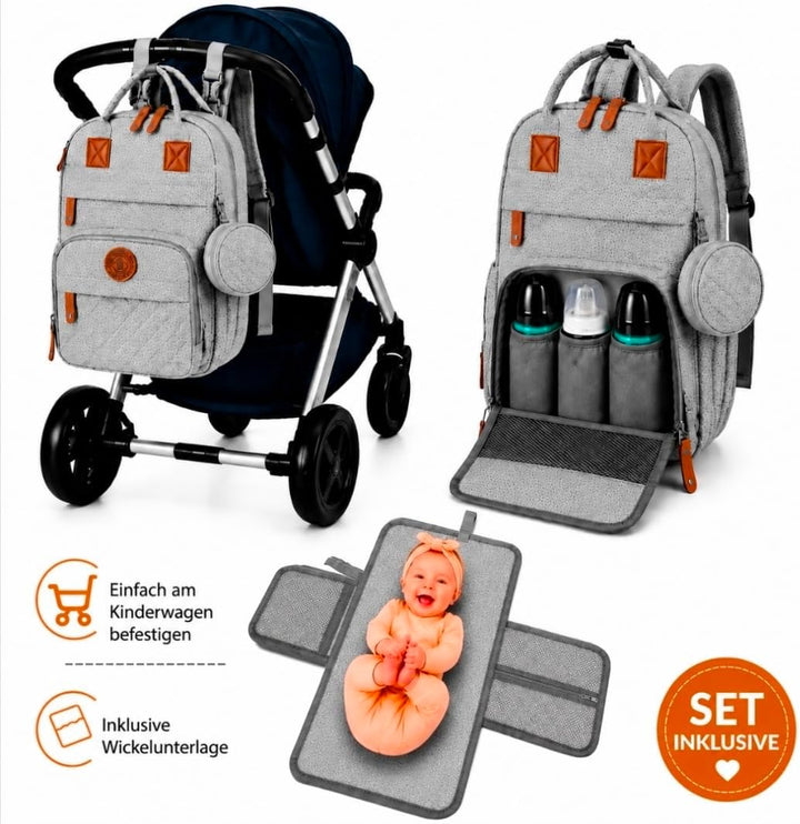 Wickeltasche Baby Wickelrucksack mit Wickelunterlage &amp; Kinderwagenbefestigung, grosser wasserabweise