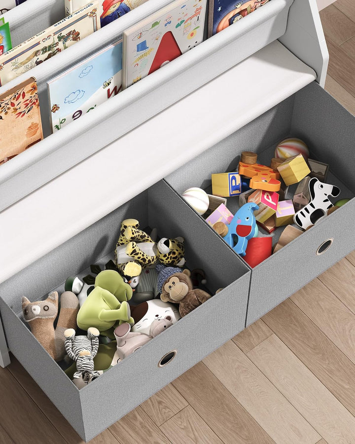 Kinder Bücherregal, Kinderregal, Spielzeug-Organizer, mit 3 Stofffächern und 2 herausziehbaren Spiel