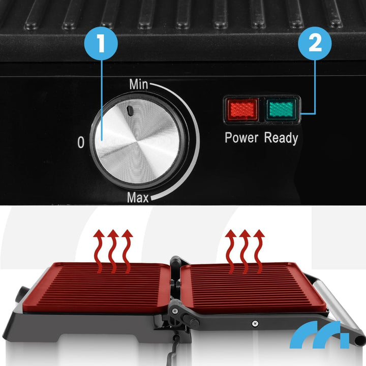 MalTec Kontaktgrill - Einstellbare Temperatur 180° aufklappbar. Grosse Grillfläche und hohe Power-Le
