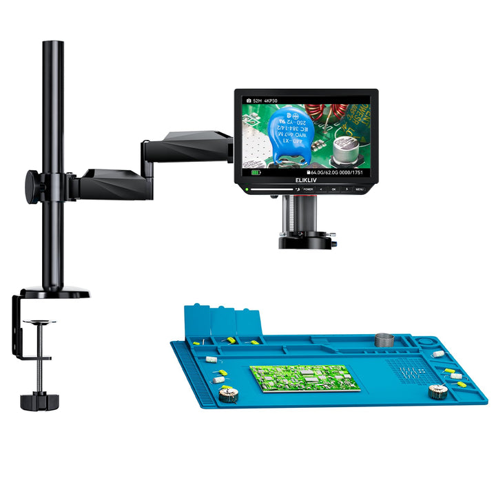 Elikliv EM4K Flex 4K Löt-Digitalmikroskop 2000x, Flexibler Armständer, 10,1" HDMI-Mikroskop mit Ring